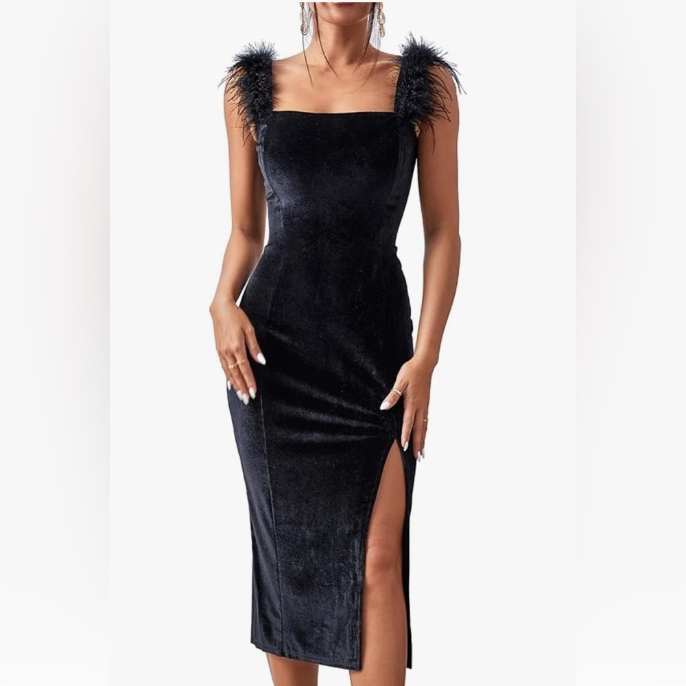 Elegant Black Velvet Dress with Feather Details
